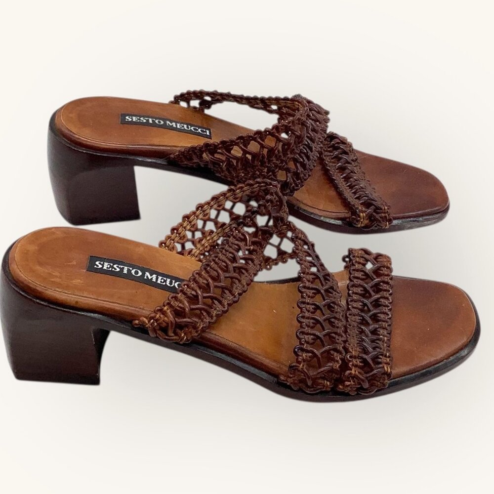 Vintage 90s Sesto Meucci Italian Leather Sandals 6 Woven Mule 2" Sculptural Heel